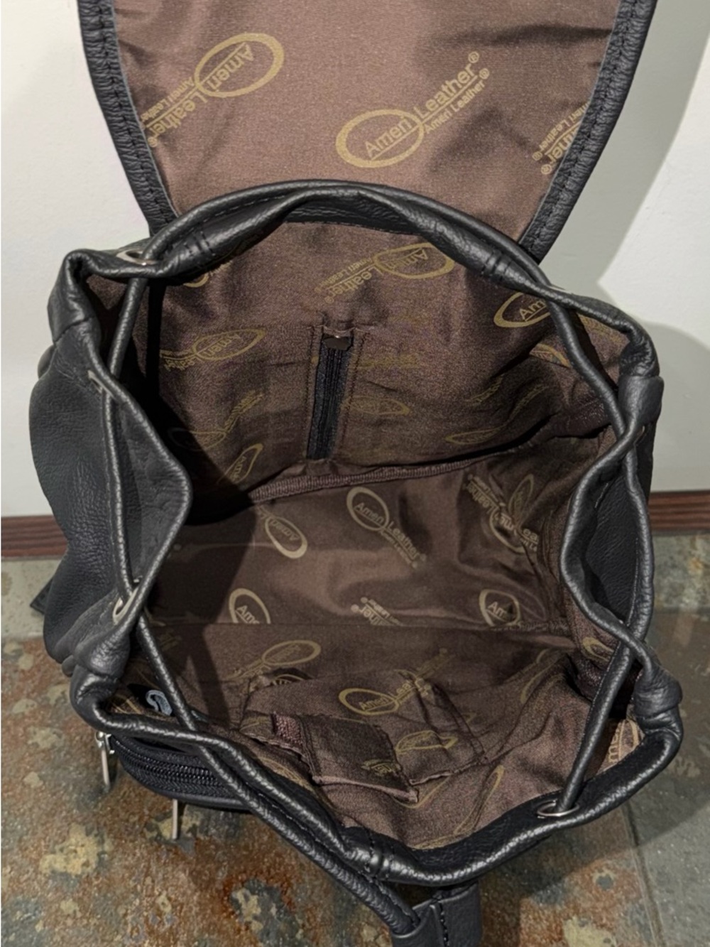 Amerileather Matte Black Pebbled Leather Drawstring Backpack - Picture 4 of 7